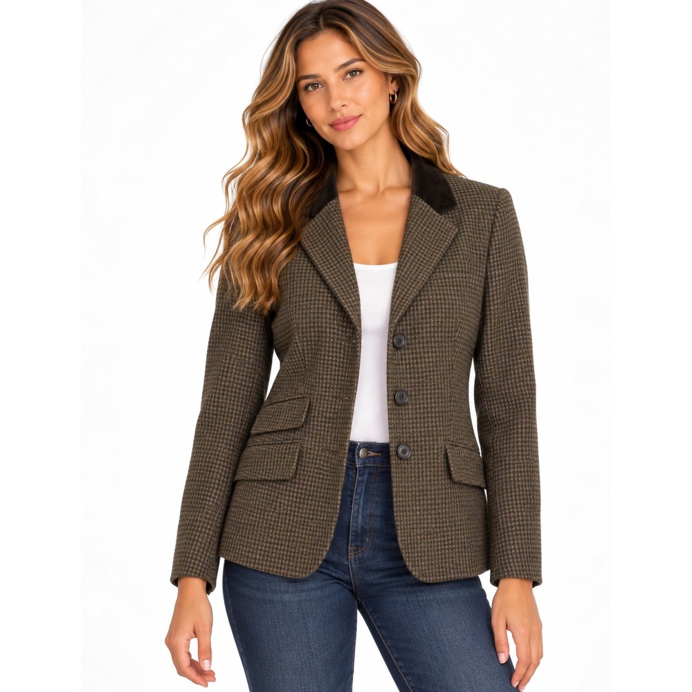 Lauren Ralph Lauren Wool Blend Houndstooth Blazer Velvet Collar Brown Green 6